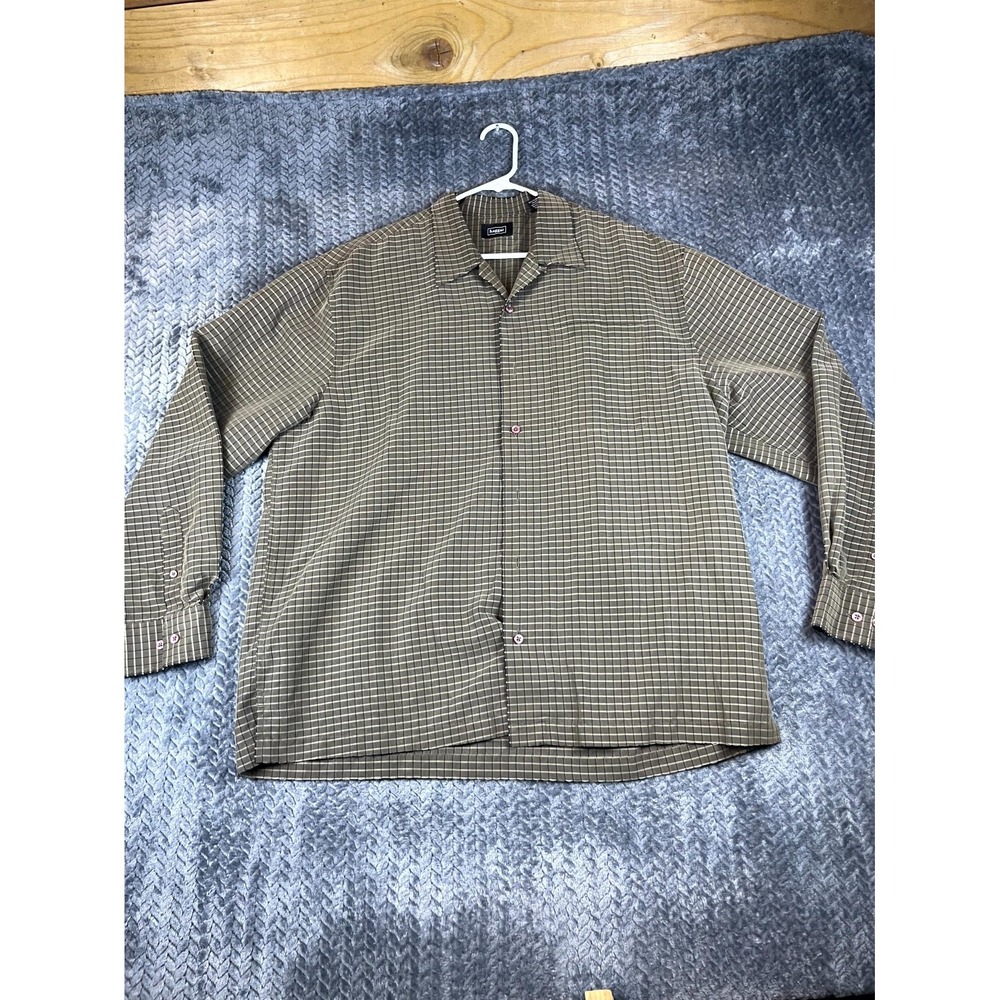Haggar Shirt Mens XL Brown Plaid Pocket Camp Collar Long Sleeve Casual Button Up